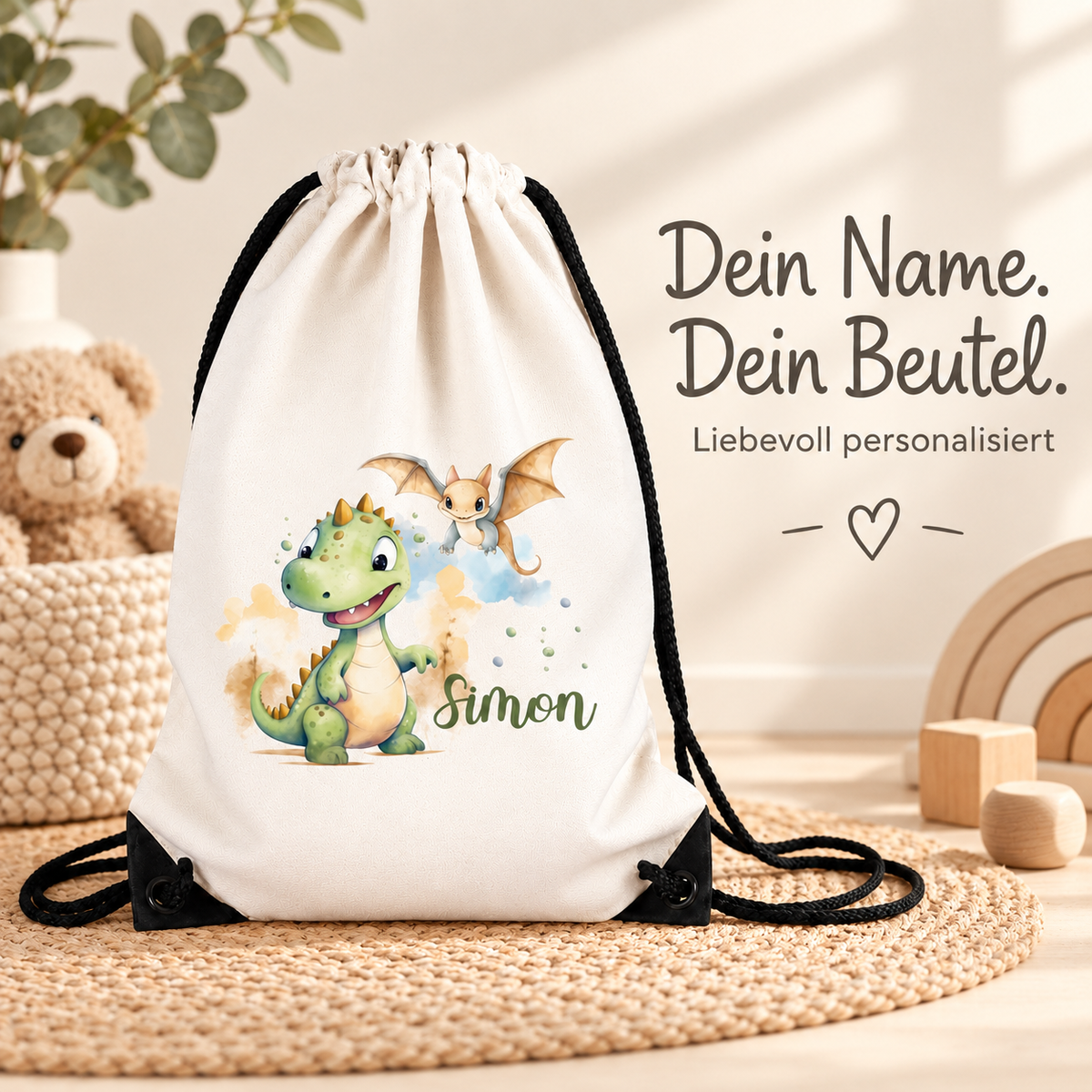 MUCKKI-PRO:b686e2aae7592b2ba1ba1b8810be66dda4d31da301dfb27498a4ef697bf9db86:Turnbeutel Dino 6 mit Wunschname personalisiert