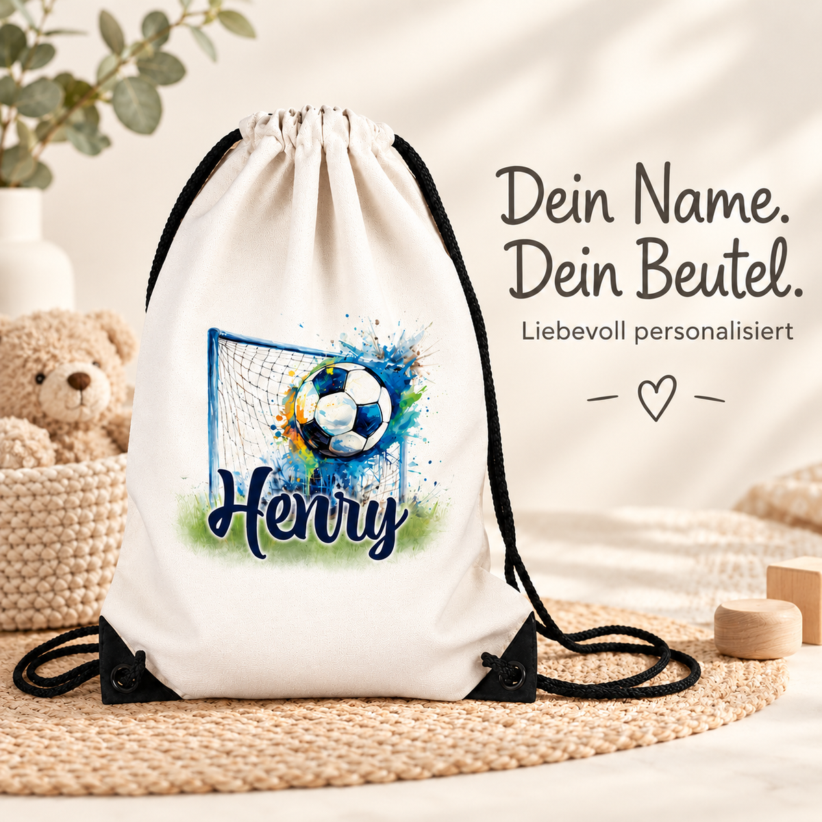 MUCKKI-PRO:7a10d91cb4f73d9cf8cf261f82860c81af3b307af896dd5094a20e64e3a4c321:Turnbeutel Fußball 13 mit Wunschname personalisiert – 36 × 43 cm
