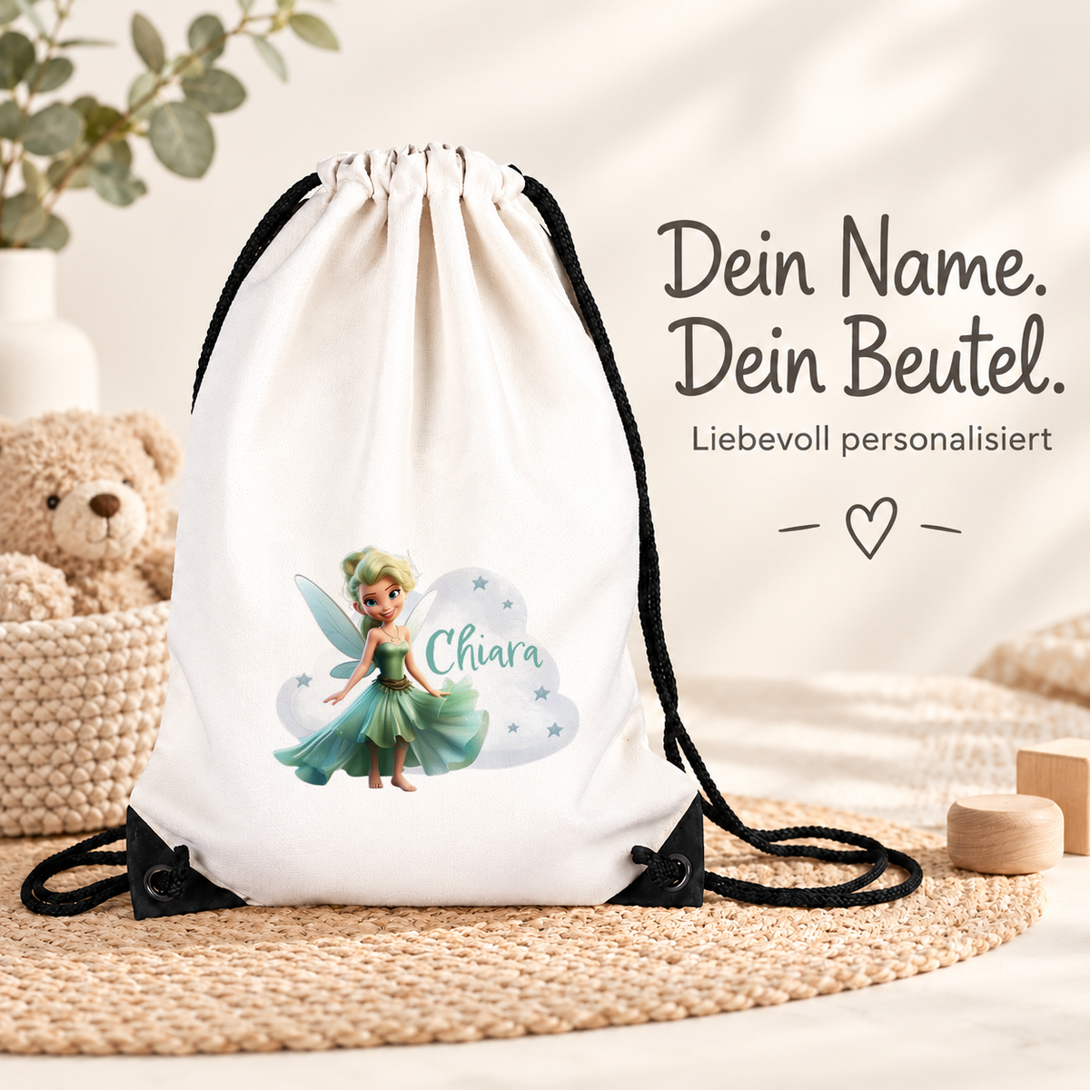 MUCKKI-PRO:38278f6c286c7bab33e81e60c2253fc55026163e15d85bc4b54660b1fbddd09f:Turnbeutel Fee 5 mit Wunschname personalisiert