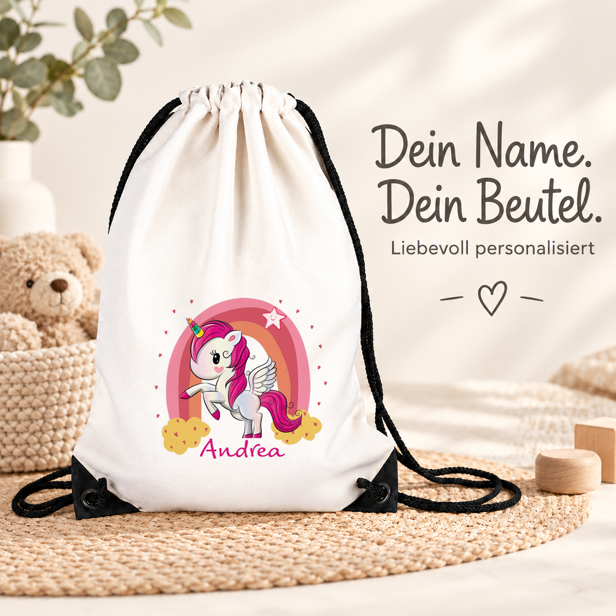 MUCKKI-PRO:77fb4653ce738799dd7872d3fc3e27fe1a2237e7b5168f6948bb93cf76d8b6ca:Turnbeutel Regenbogen-Einhorn 1 mit Wunschname personalisiert