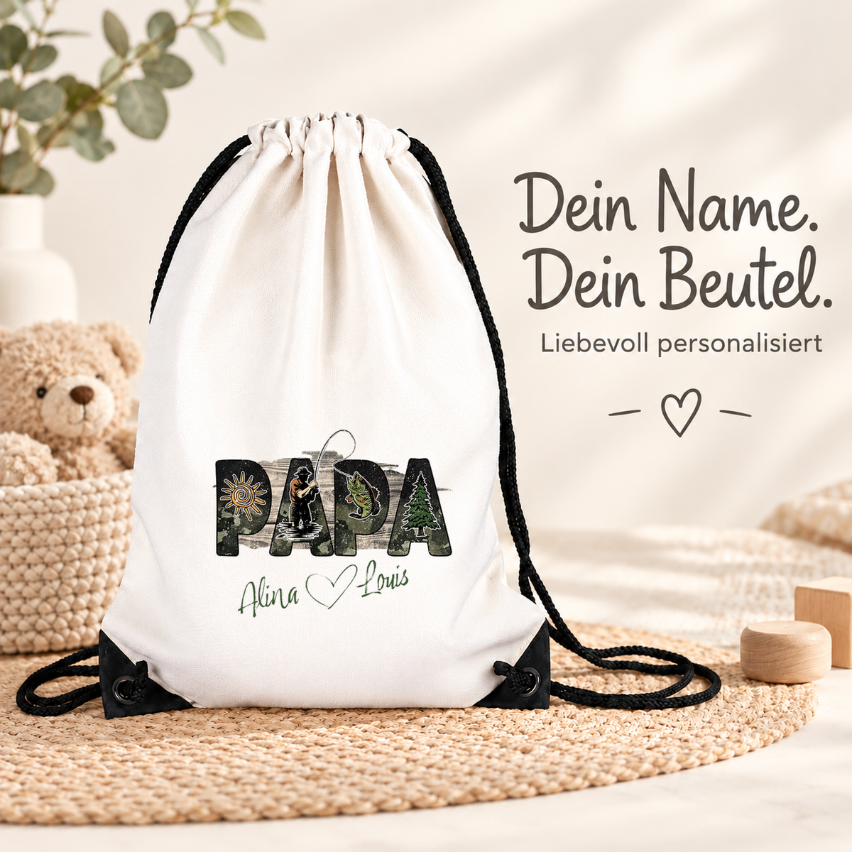 MUCKKI-PRO:5f4eaba258b8d724da53636d31fd6174a255851854afda8ca3ad963186fb3c1b:Turnbeutel Papa Angler mit Wunschnamen personalisiert