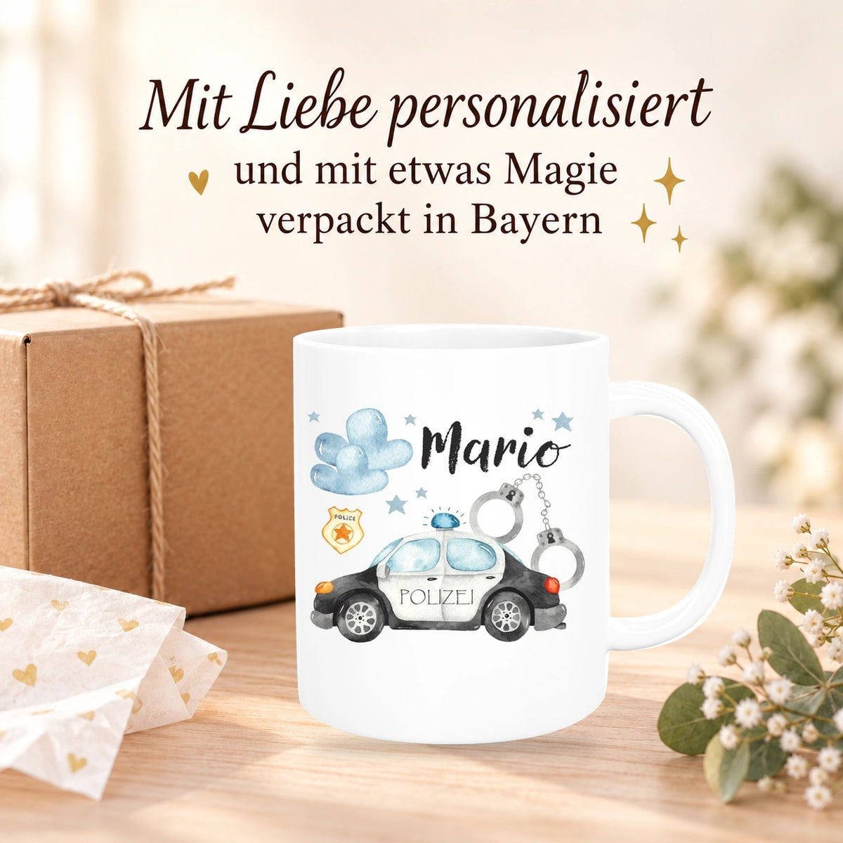 Tasse Polizei 1 Wunschname Keramik Kinderbecher personalisiert versch. Farben