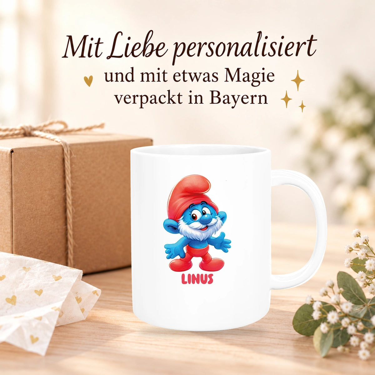 MUCKKI-PRO:b431e202eaae5eecd3da20a5a6c88dccb97ccd66048cd3f19cc47417f2f6e4e4:Tasse Kinder Schlumpf 4 Papa Schlumpf Wunschname Keramik Kinderbecher personalisiert versch. Farben