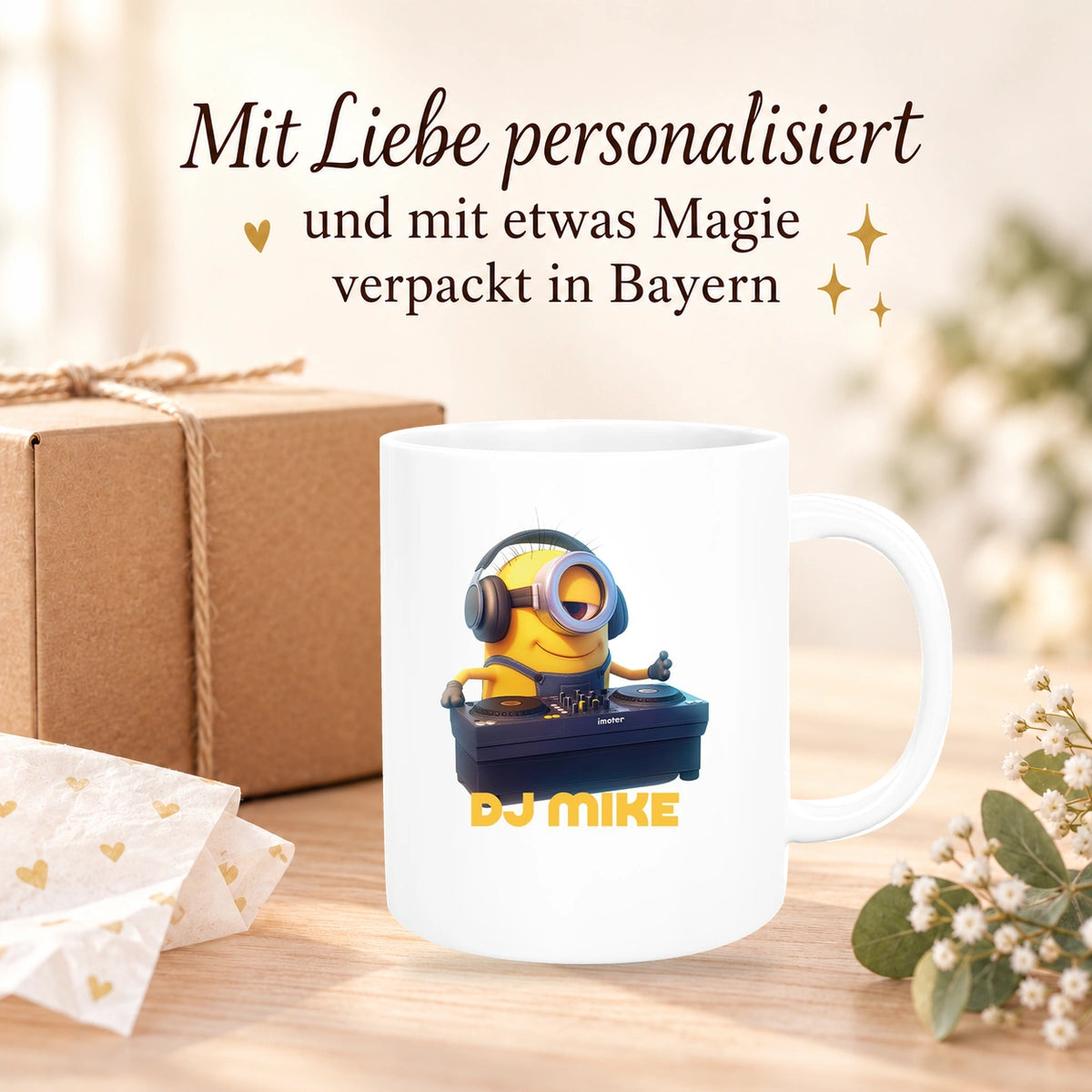 MUCKKI-PRO:9e9bc96d0153cb75ac7007e368ca003cd42e243677d8550e702c1961653e0580:Tasse Minions Kinder Minion 9 DJ Wunschname Keramik Kinderbecher personalisiert versch. Farben