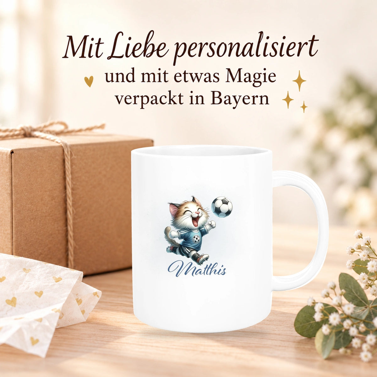 MUCKKI-PRO:105c1e0254f77d156b740f08e6b91986e2120205a46cb5c4fe544226aefadf97:Tasse Wunschname Fußball 18 Personalisiert Katze Keramik Kinderbecher versch. Farben