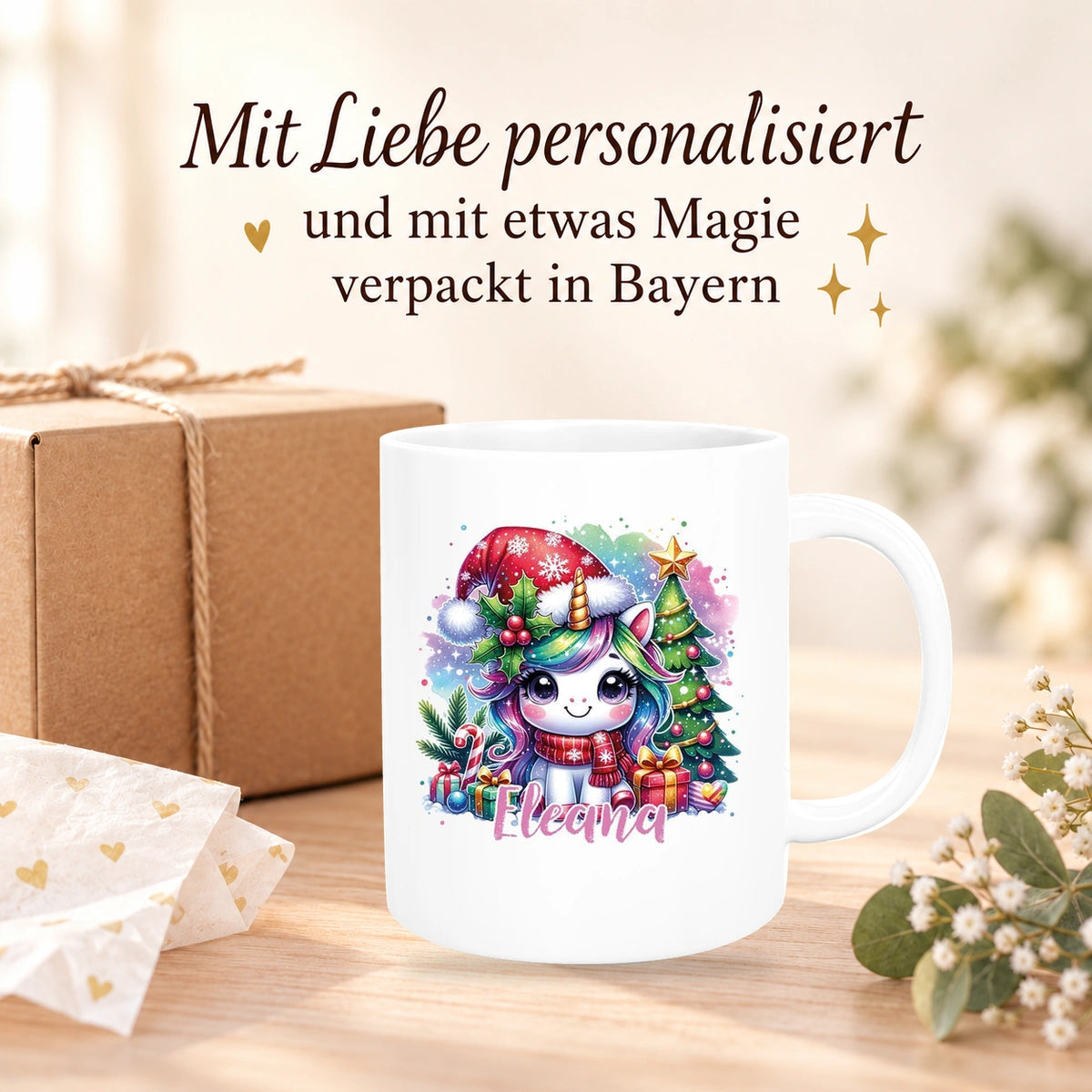Tasse Wunschname Weihnachten Einhorn 1 Keramik Kinderbecher versch. Farben