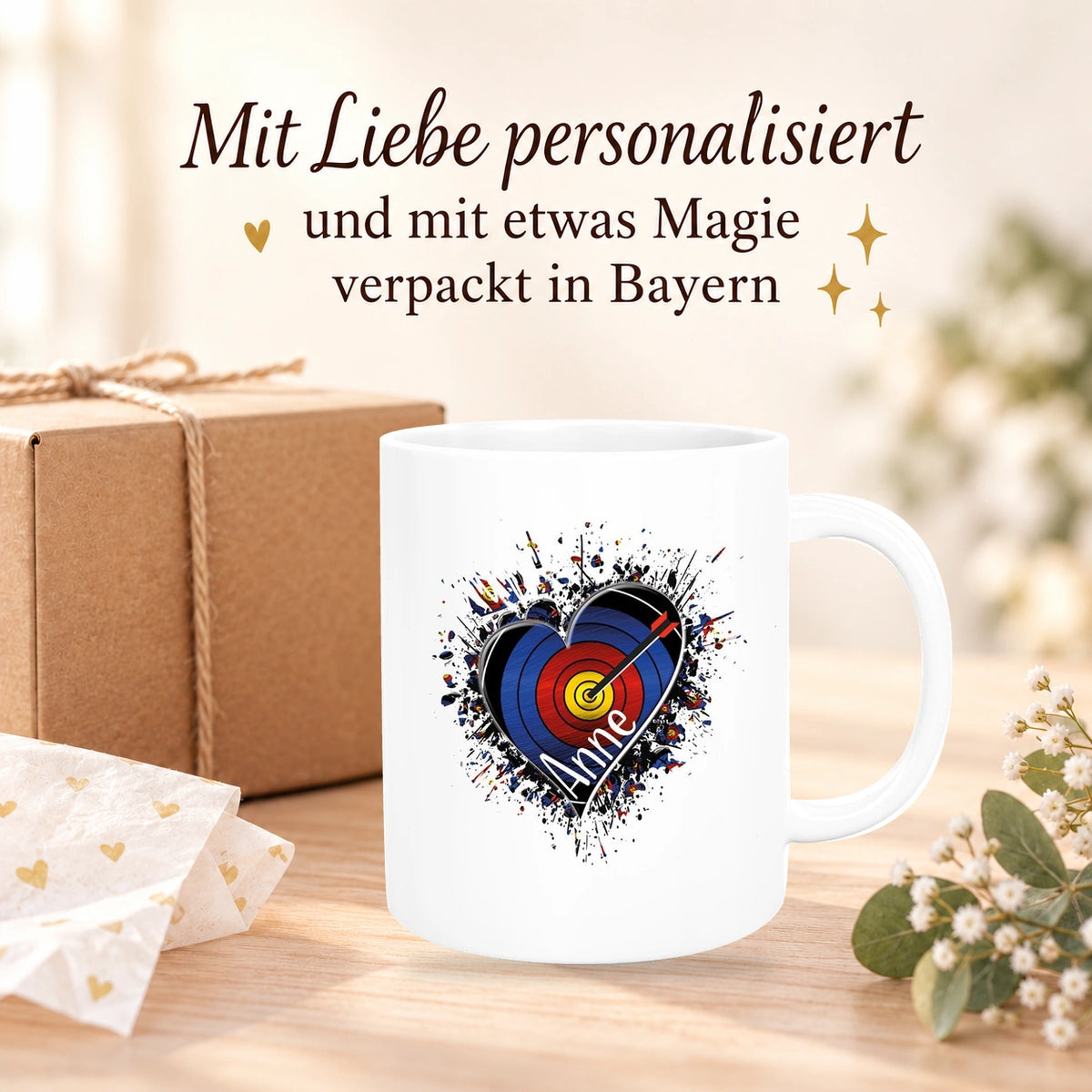 MUCKKI-PRO:6024d9671abbbcd6bf64fa62b5962968cceac4511bfec0d0dd3b89a1b7b4aaf4:Tasse Bogenschütze 4 Wunschname Keramik personalisiert versch. Farben