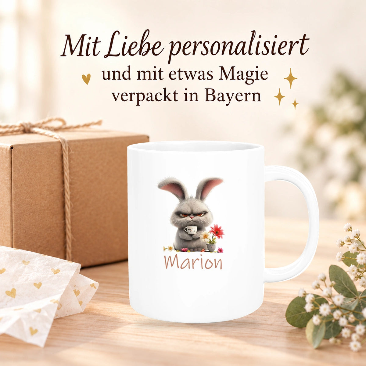 MUCKKI-PRO:d2a6c6a09ab5d923ccfe88acd91c51e6d8874fee1564109b2cf6b09352b43886:Tasse Ostern Grumpy-Bunny 2 Wunschnamen Keramik personalisiert versch. Farben