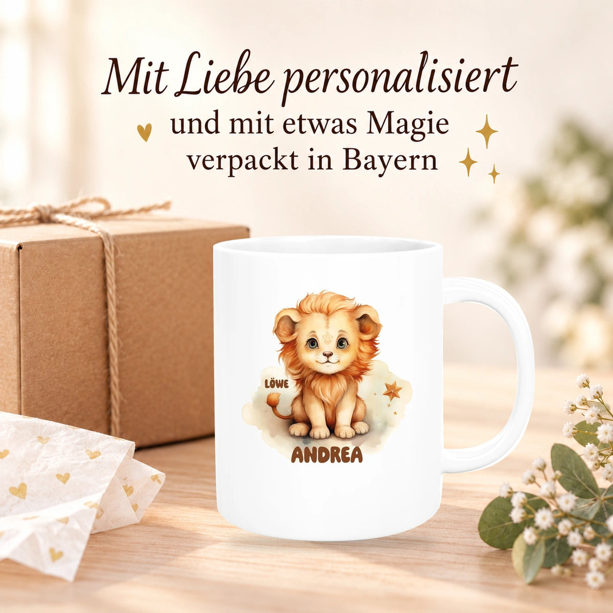 MUCKKI-PRO:22016bf85340a8a6a9e38492a02c8e96c0b9c92dca1a7853df693cabafb38ab8:Tasse Sternzeichen Kinder Löwe 1 Wunschname Keramik Kinderbecher personalisiert versch. Farben