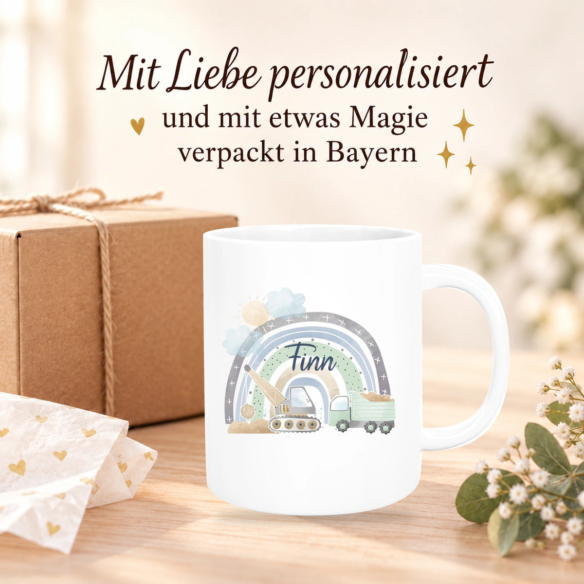 MUCKKI-PRO:4a3197a8614a736a2698b4cfe68df31eacf8a2de2158429c5c81c885bfbb1cd5:Tasse Wunschname Baustelle Regenbogen 1 Keramik Kinderbecher versch. Farben