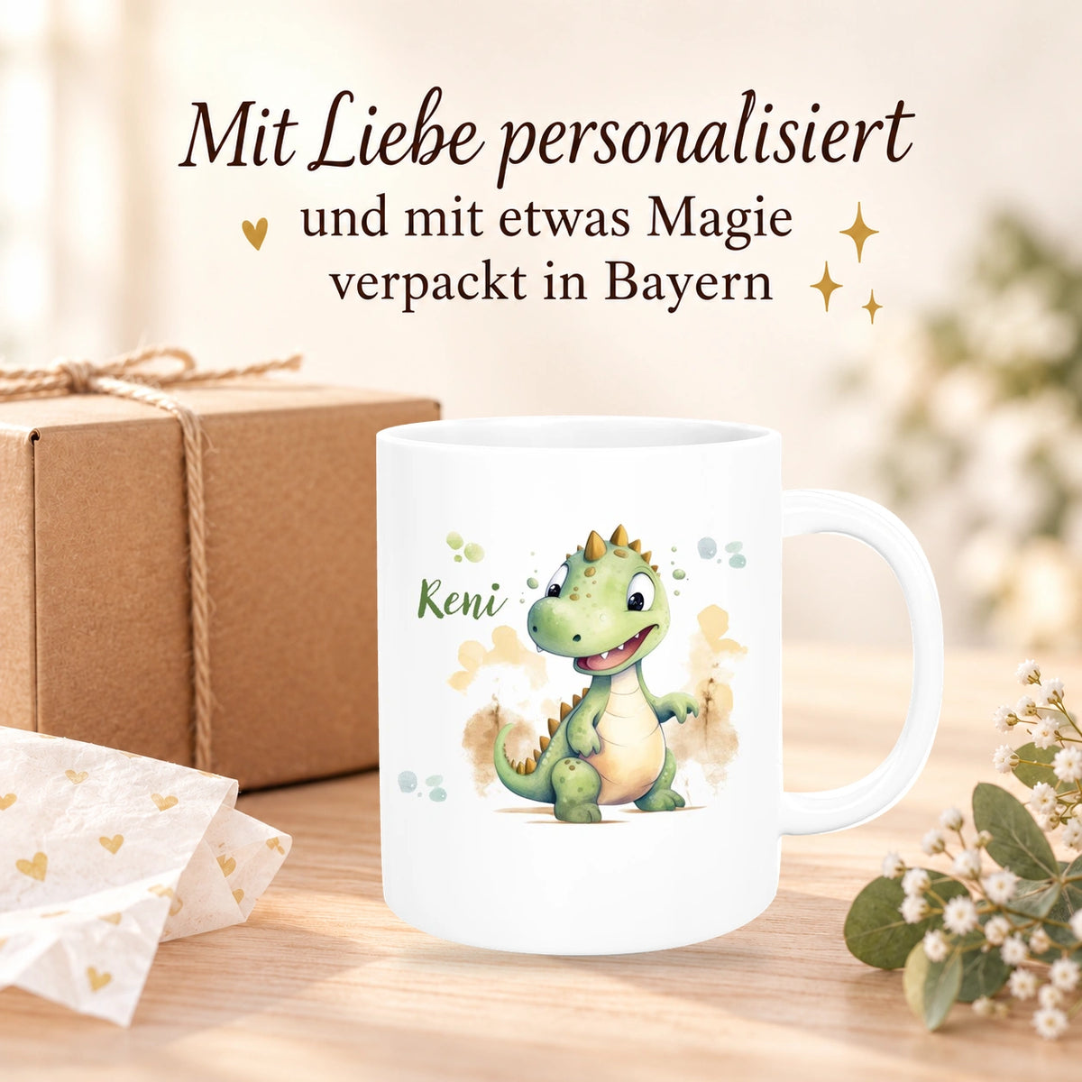 Tasse Wunschname Dino 3 Keramik Kinderbecher versch. Farben