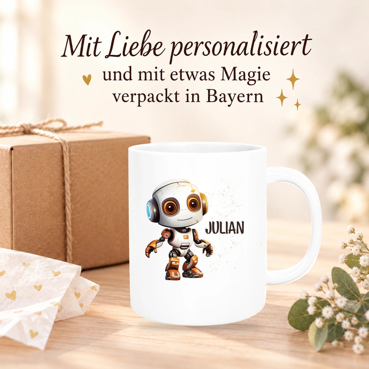 Tasse Wunschname Roboter 3 Keramik Kinderbecher versch. Farben