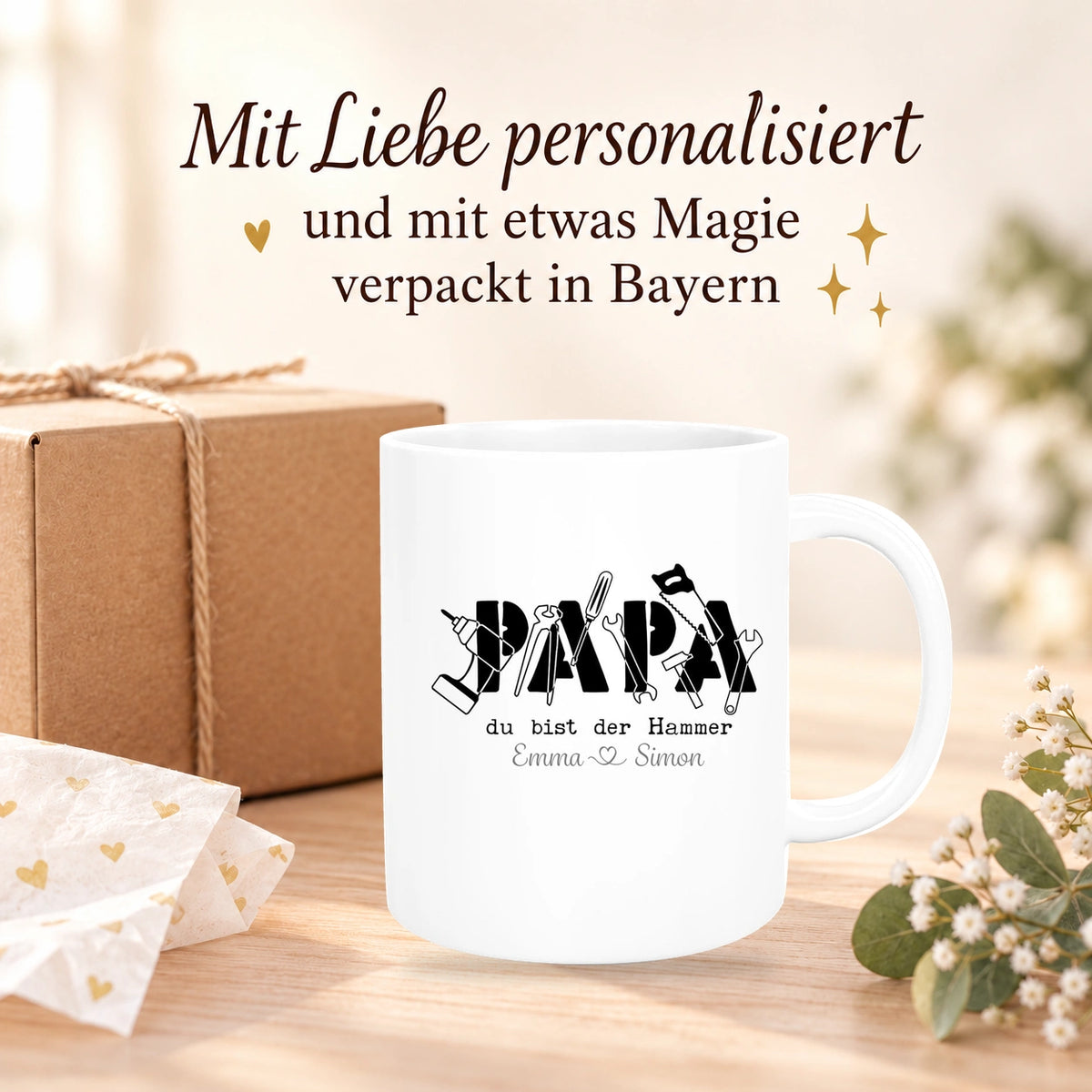 MUCKKI-PRO:8359c1bffed781a99c07b465234065b2a9ef2607404d0e26b460a28c328427d1:Tasse Vatertag 9 Papa, "Du bist der Hammer" Wunschnamen Keramik Personalisiert versch. Farben