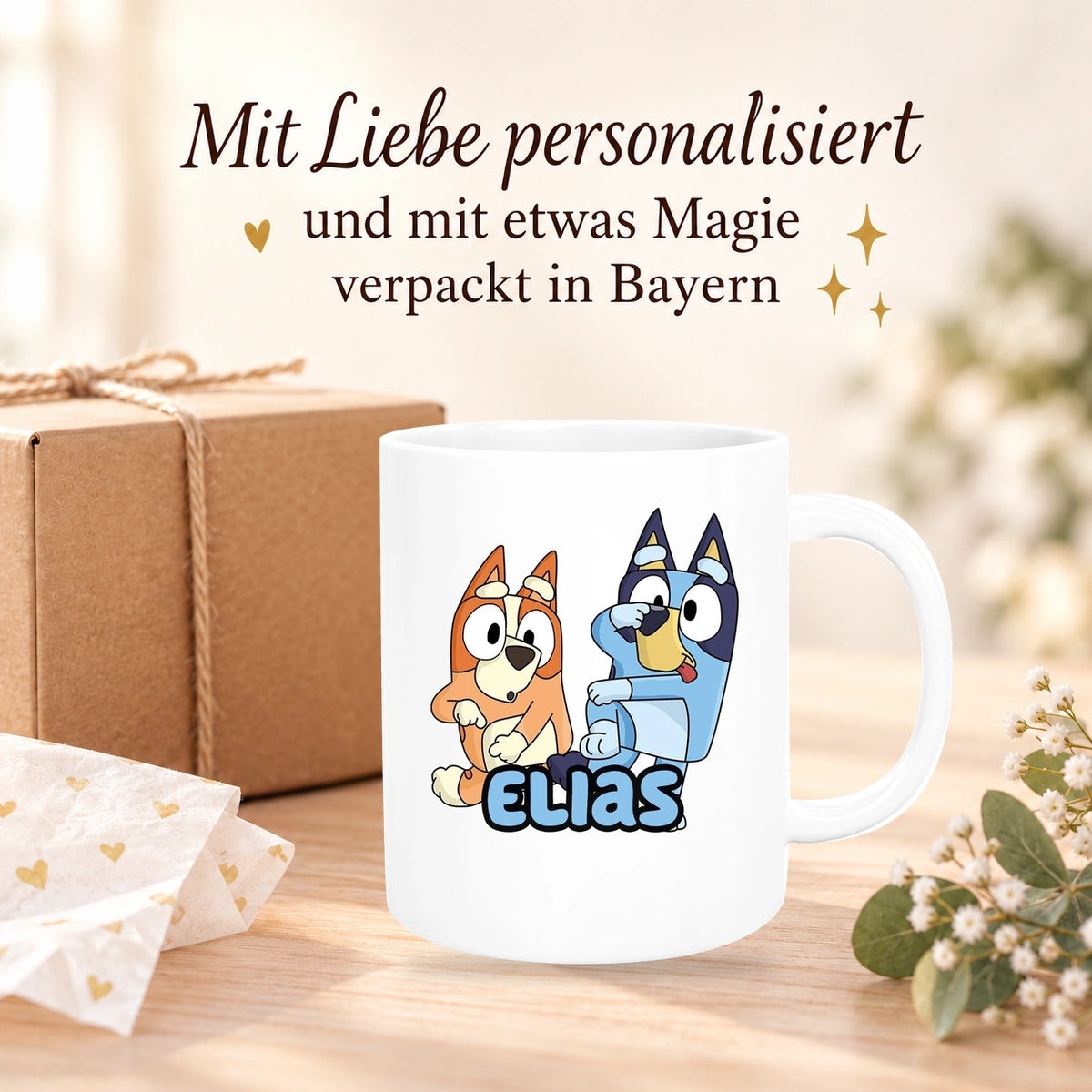 Tasse Bluey 3 Wunschname Keramik Kinderbecher personalisiert versch. Farben