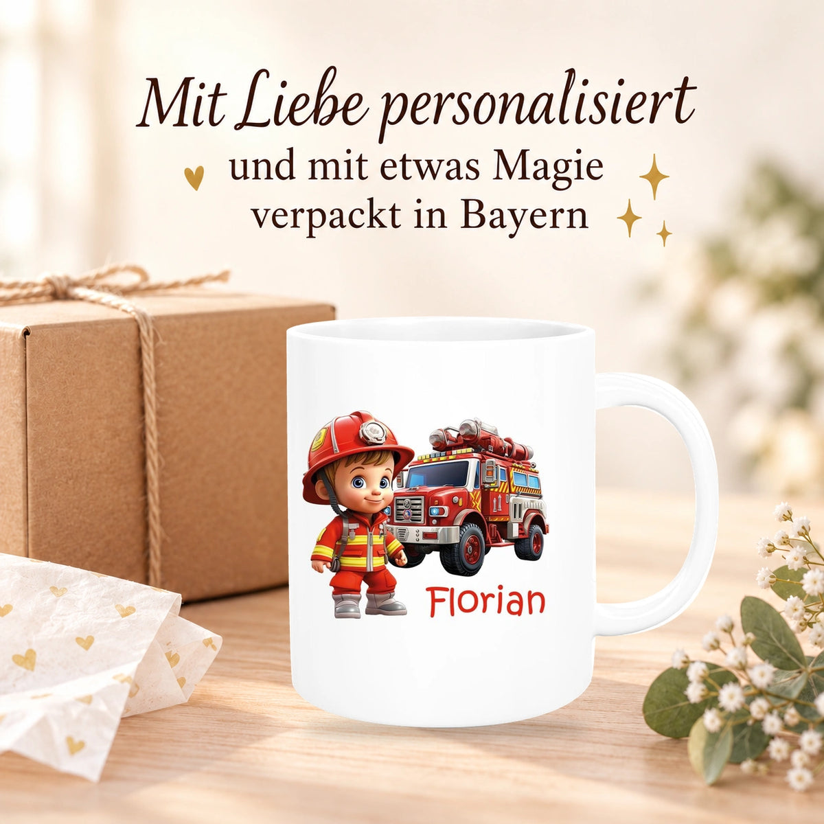 Tasse Wunschname Feuerwehr 2 Keramik Kinderbecher versch. Farben