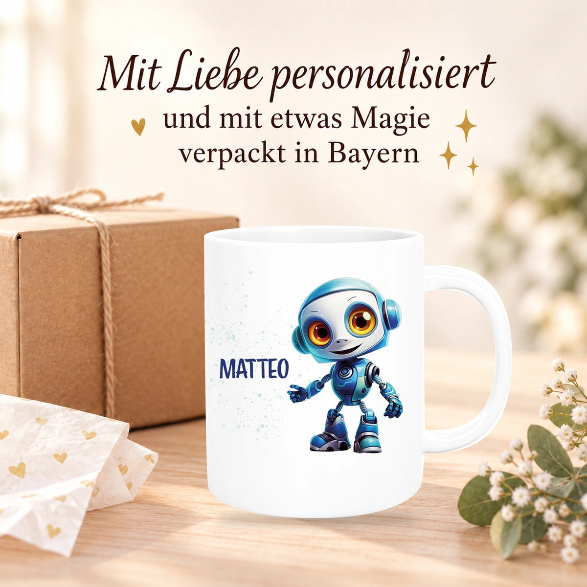 MUCKKI-PRO:e9c9553c89b0af2b92f0a2c024193901fa5cf7e47f786e065c6b2b38aa758c59:Tasse Wunschname Roboter 2 Keramik Kinderbecher versch. Farben