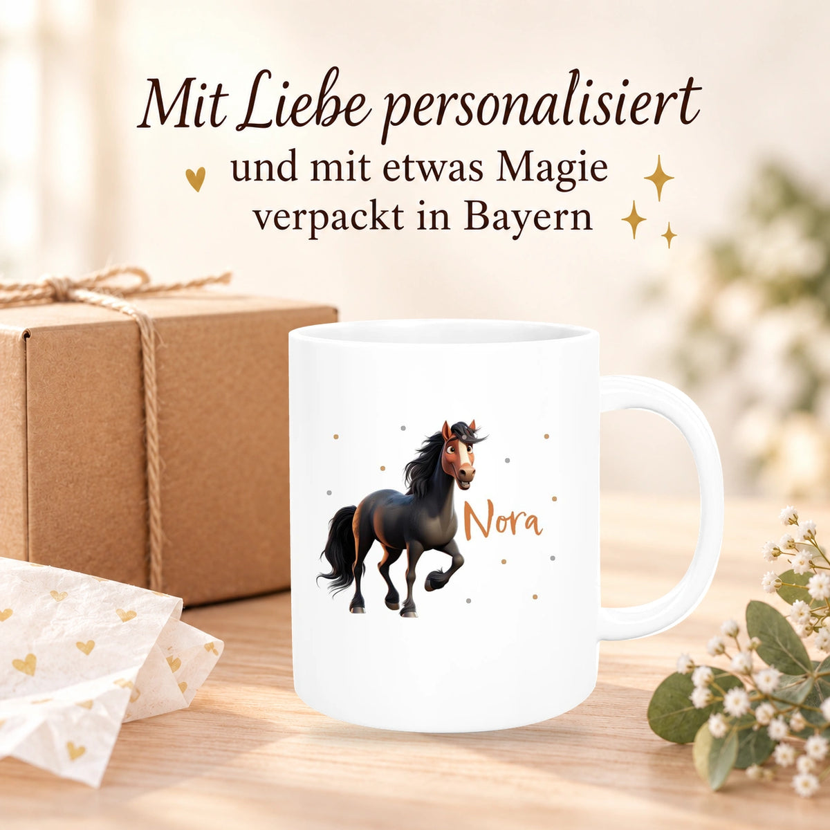 Tasse Pferd 2 Wunschname Keramik Kinderbecher personalisiert versch. Farben