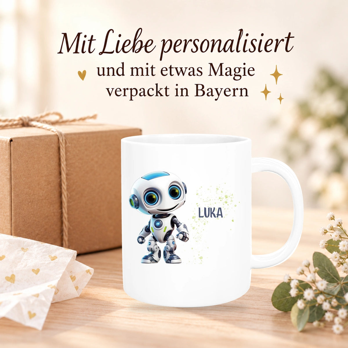 MUCKKI-PRO:5ec9cac834397da9926420bc340c56d9d10726baeb6db1f51e1cff09a4a23b01:Tasse Wunschname Roboter 1 Keramik Kinderbecher versch. Farben