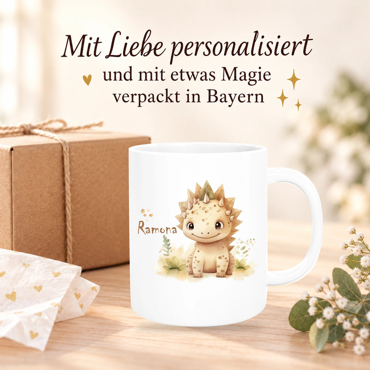 Tasse Wunschname Dino 2 Keramik Kinderbecher versch. Farben