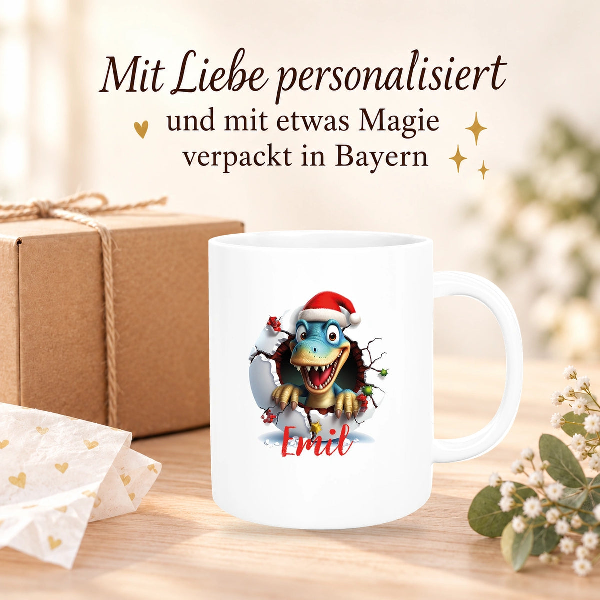 Tasse Wunschname Christmas Dino 2 Keramik Kinderbecher versch. Farben