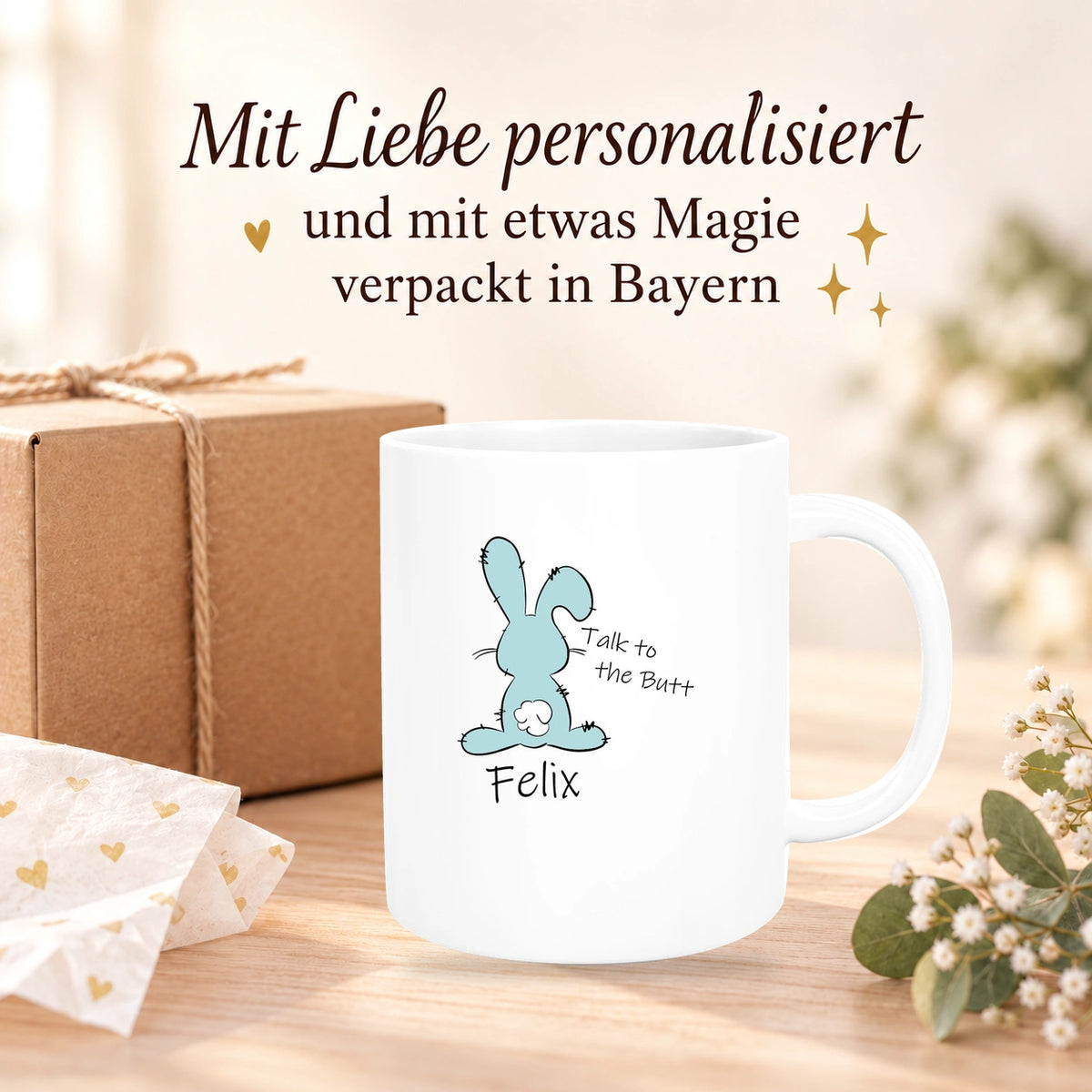 MUCKKI-PRO:da4fbd4f85a7aec953a7a842e084a34c00f91a6d5ec10cd0c1d1ae6c8ba5e8e8:Tasse Ostern - Hase Talk to the Butt 2 Wunschnamen Keramik personalisiert versch. Farben