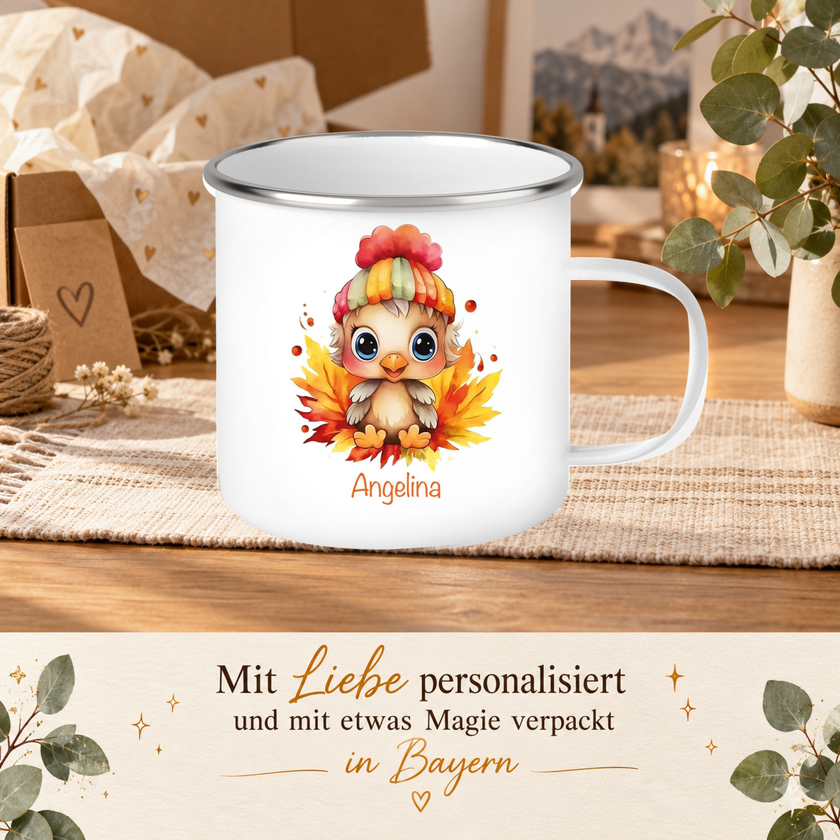 MUCKKI-PRO:7df2275649f714062ae403e03baae26131b308e32c4aa5cc600baa97ae9b1327:Tasse Wunschname Küken 1 Emaille Kinderbecher personalisiert