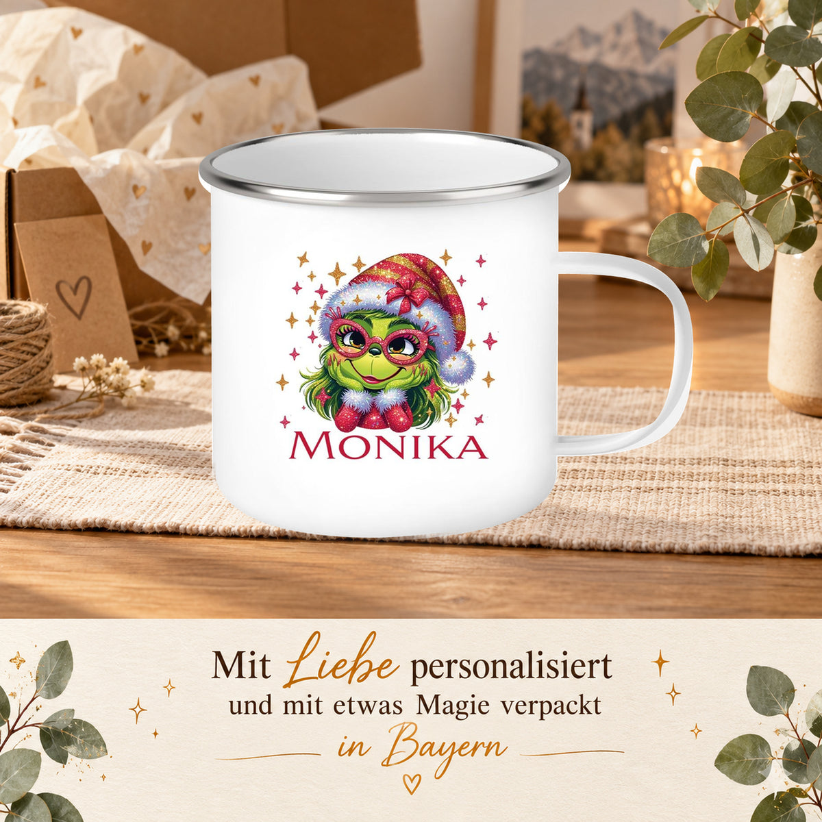 MUCKKI-PRO:be7f0737f0430f85c416ff64c30639824111e9bbb3dde88c7fe70a59c090acca:Tasse Wunschname Weihnachten Lady-Grinch 1 Emaille Kinderbecher