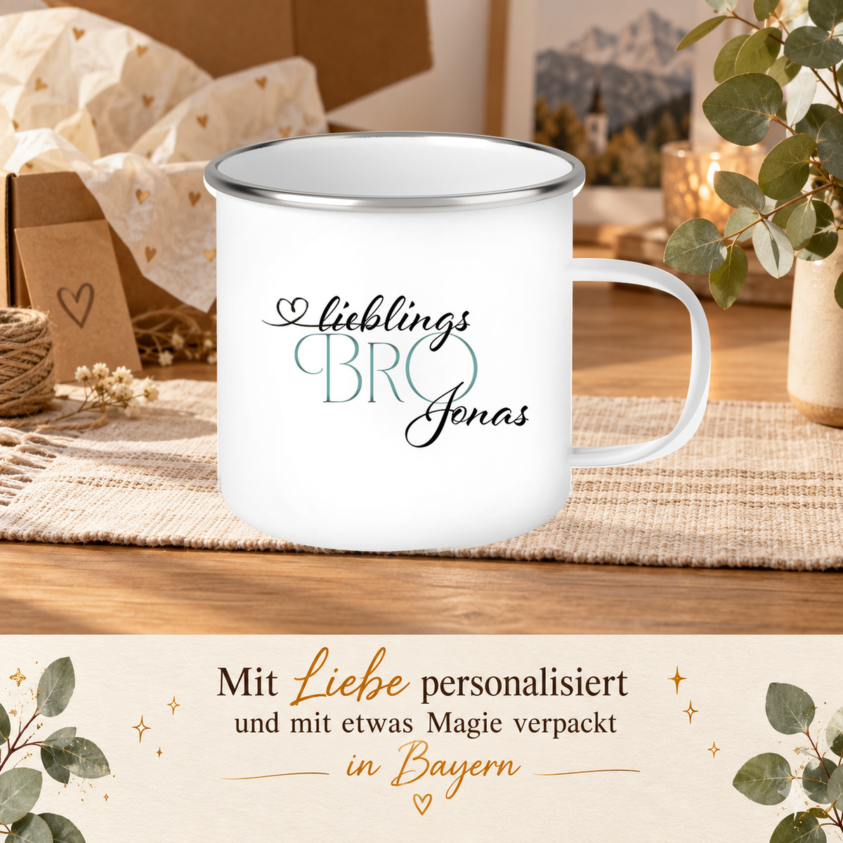 MUCKKI-PRO:213632f6e221aa9e1d25bd0269e79b8affee3683b442b1e67082362a80afea26:Tasse Wunschname Lieblings-BRO 1 Emaille personalisiert