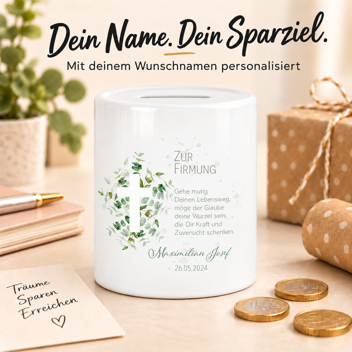 MUCKKI-PRO:eee640b9d6f3859ce2f541544d84c7b61efb6a45fc17cc5ff9f644bbc35cd95b:Spardose zur Firmung mit Wunschname Kreuz 1 Personalisiert