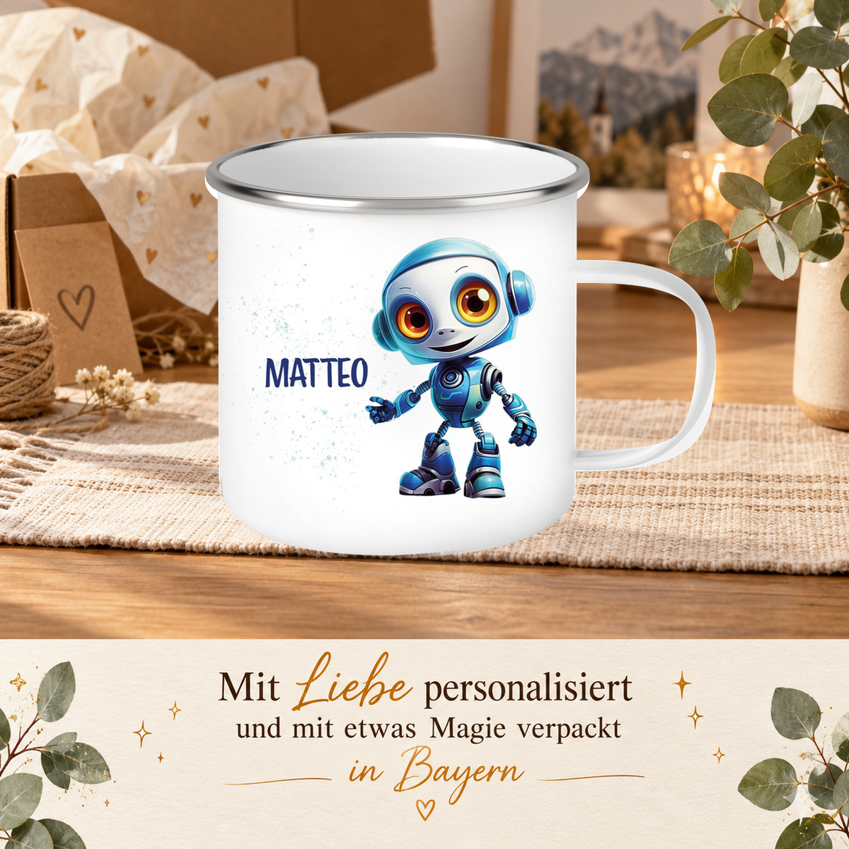 MUCKKI-PRO:d57bc453f4229a9a52111b074a6b616b09f9e76ccc7ffa81e85b34f8ca1b94fe:Tasse Wunschname Roboter 2 Emaille Kinderbecher