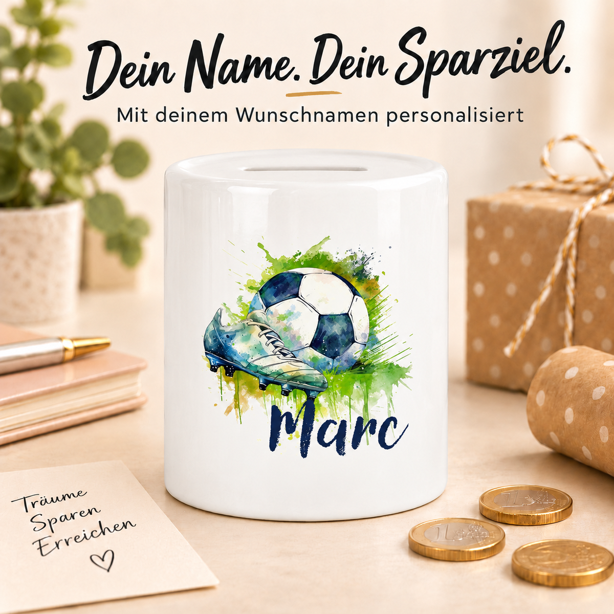 MUCKKI-PRO:42d4204c73c0c4b9a9b27707ade4e8ee52e993f69d7275ab231bd9a20faf3c94:Spardose mit Wunschname Fußball 4 personalisiert