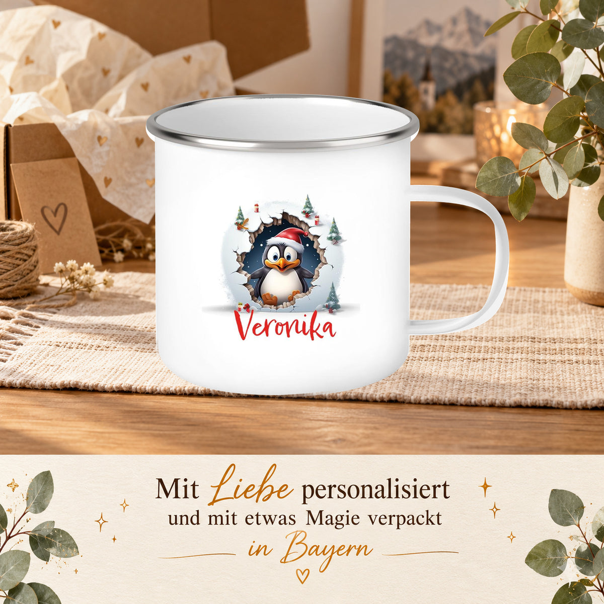 MUCKKI-PRO:027569adb310630edf1a48e529de8f641e82c0d5daa991492c6ddee890bd52ef:Tasse Wunschname Christmas Pinguin 2 Emaille Kinderbecher
