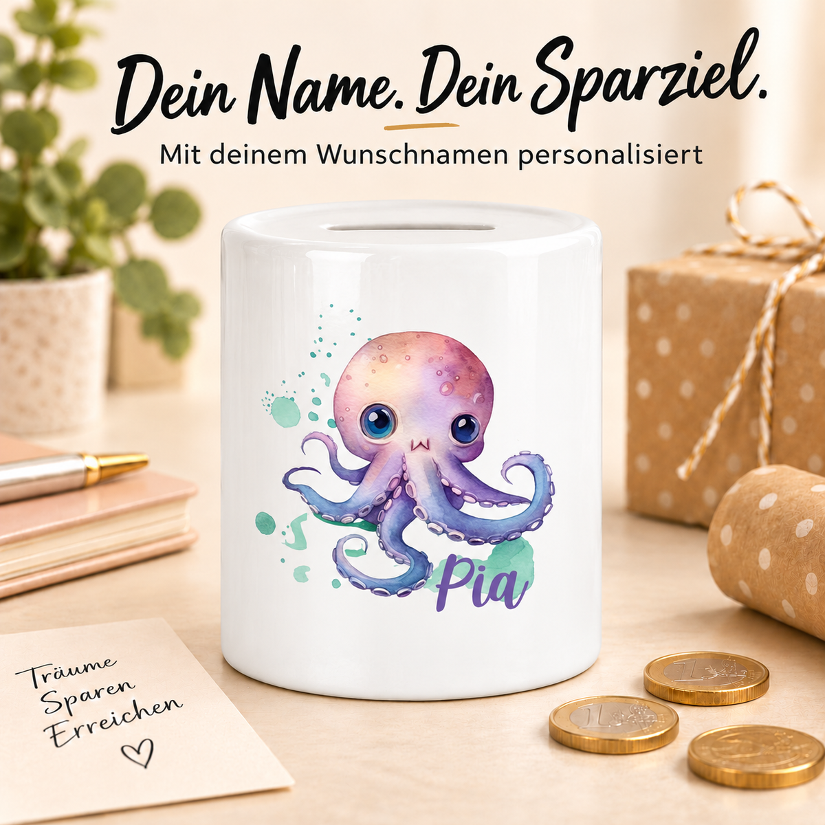 MUCKKI-PRO:4ea77e7a170fd2264c340448cba9e0e2226d96f6c198a8f705ab3c30087255a8:Spardose mit Wunschname Meerestiere Oktupus 1 personalisiert