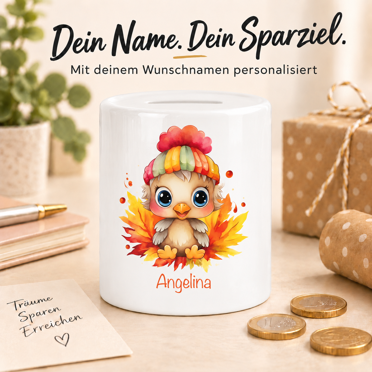 MUCKKI-PRO:0579e92ab5751320a411789373aebfa5a4a029fbd3ac2013612610b934374be9:Spardose mit Wunschname Kücken 1 personalisiert