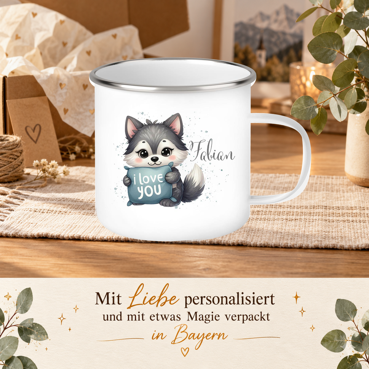 MUCKKI-PRO:6940b854010413ccafabe51d9639327c7dba7db3b4d029f5e35eccb1019247f4:Tasse Liebe - Fuchs Valentinstag Wunschnamen Emaille personalisiert