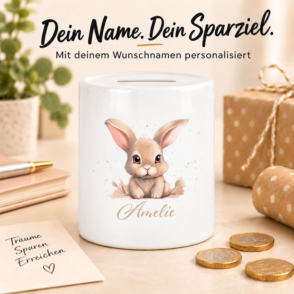 MUCKKI-PRO:e9399f26ff238ea02a481e314bf70e86b707dd84ab8dd684995b68c9399776d6:Spardose Ostern - Hase 7 mit Wunschname personalisiert