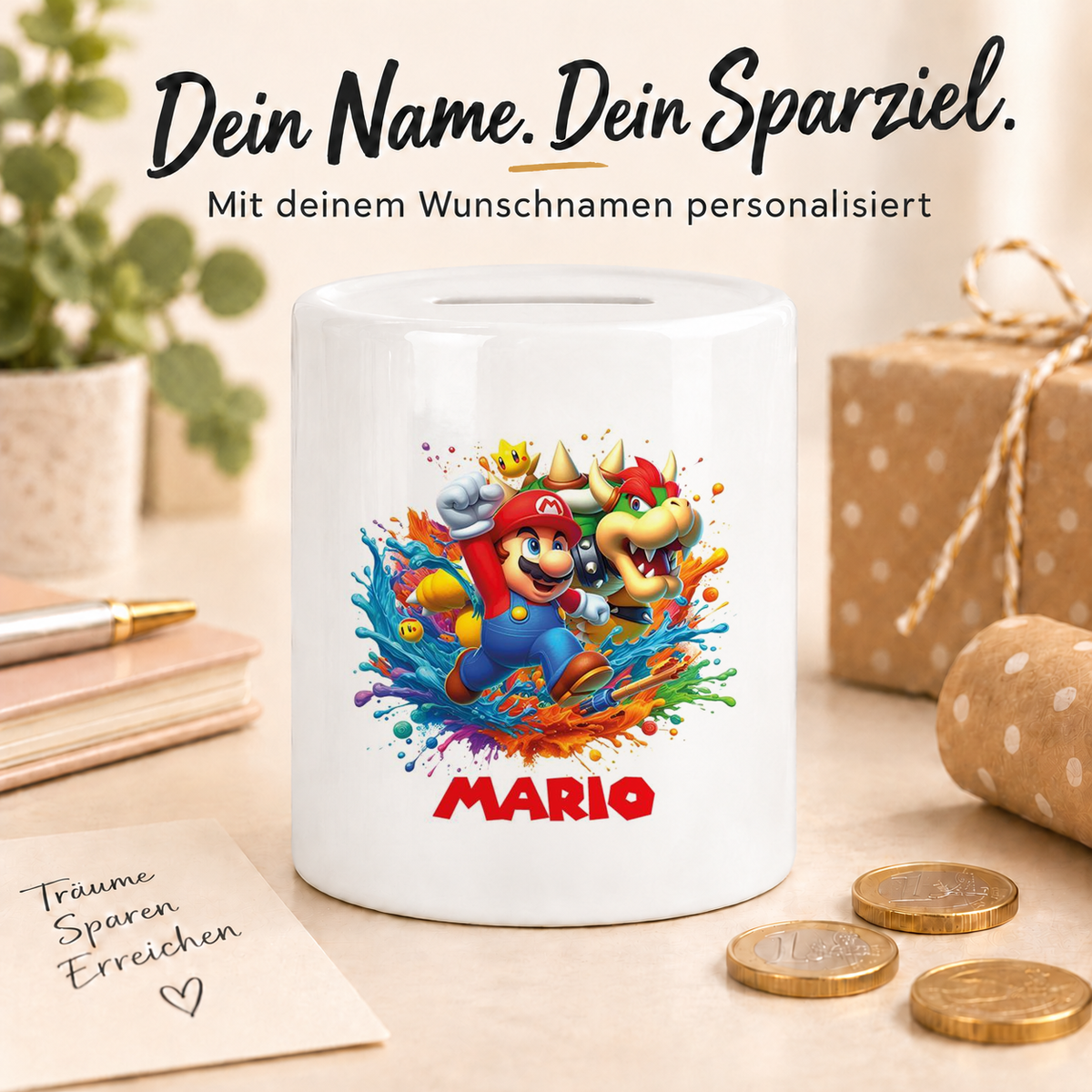 MUCKKI-PRO:5cb1f282dfafa80dc9a75db0ebfa1f1176bca34c81905bc9881478511249c5df:Spardose Super Mario 5 Wunschname personalisiert