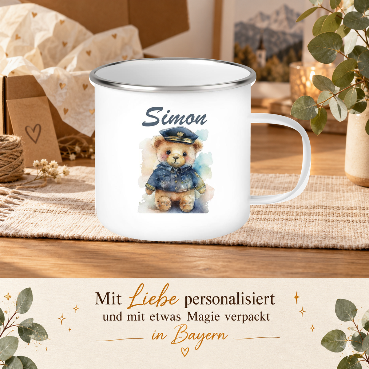 MUCKKI-PRO:2e86d5285cd7c352cc891853e7ce72aa244ae220e7b83aba4925b62944b2324b:Tasse Polizei Teddy 1 Wunschname Emaille Kinderbecher personalisiert