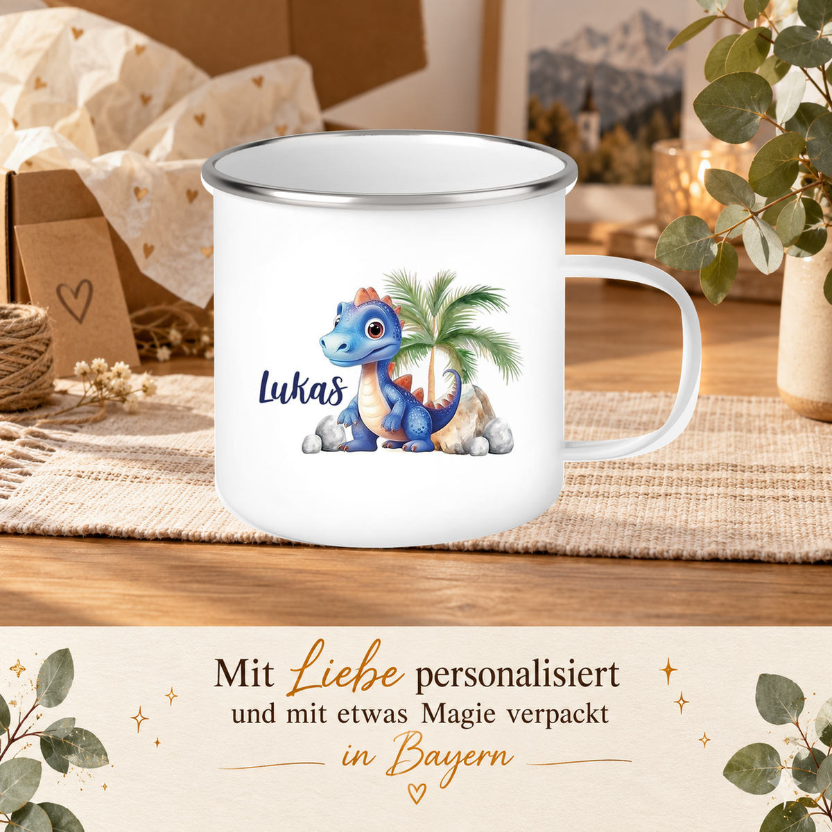 MUCKKI-PRO:25d26165ade9a0a3df3b852142915624a783391b79f285fe4ba065f1013f0a81:Tasse Wunschname Dino 8 Emaille Kinderbecher