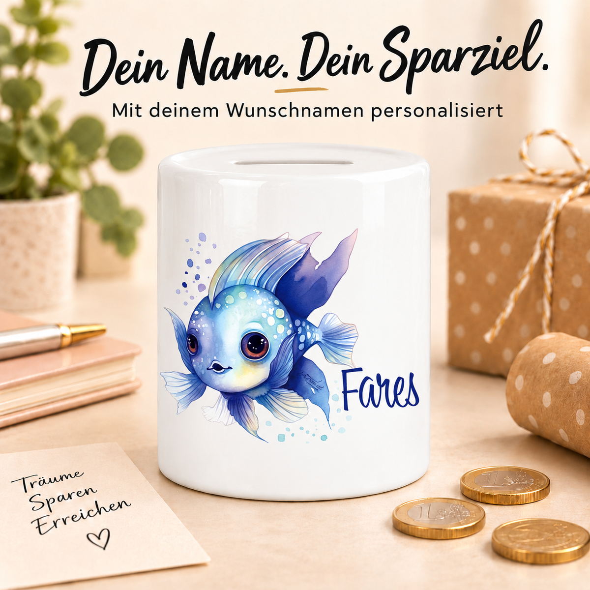 MUCKKI-PRO:737cd970c124979f7de6200759cab323a17b7b818d3ab9f59ad56c06ec9fa3fb:Spardose mit Wunschname Meerestiere Fisch 2 personalisiert