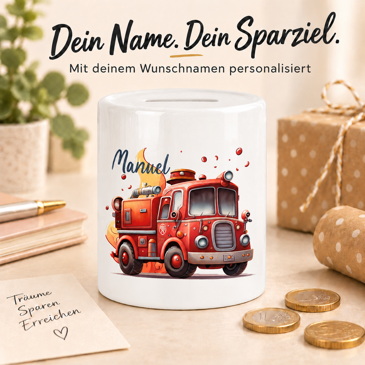 MUCKKI-PRO:3fd9a7cfb1c96e98ff82a86fc0335693771e65c1370cfd59cf3ec39a93ac1c3d:Spardose mit Wunschname Feuerwehr 1 personalisiert