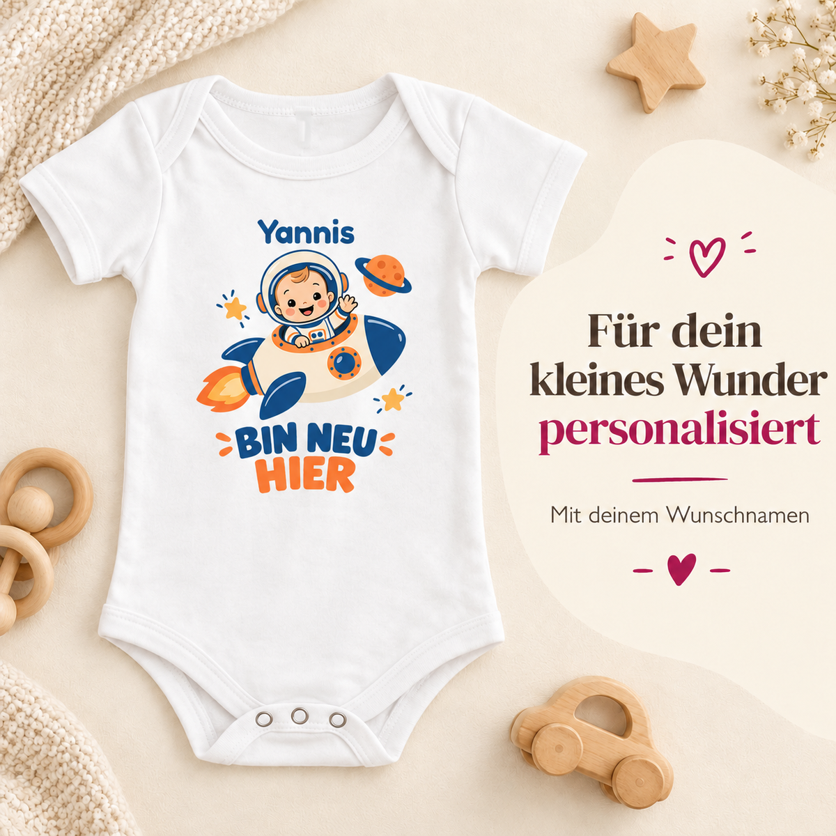 Personalisierter Babybody „Astronat - BIN NEU HIER“ mit deinem Wunschnamen