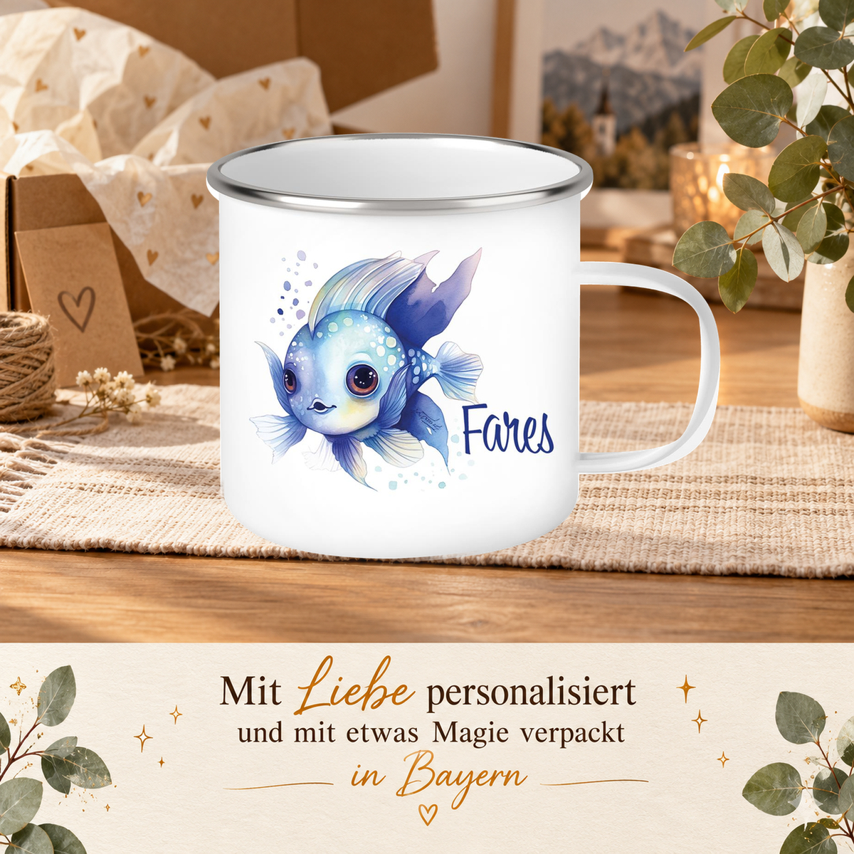 MUCKKI-PRO:931ea83e820d4a3f45f4fe330e62c68b408e6823990f782b53b54dd9425305b6:Tasse Wunschname Meerestiere-Fisch 2 Emaille Kinderbecher