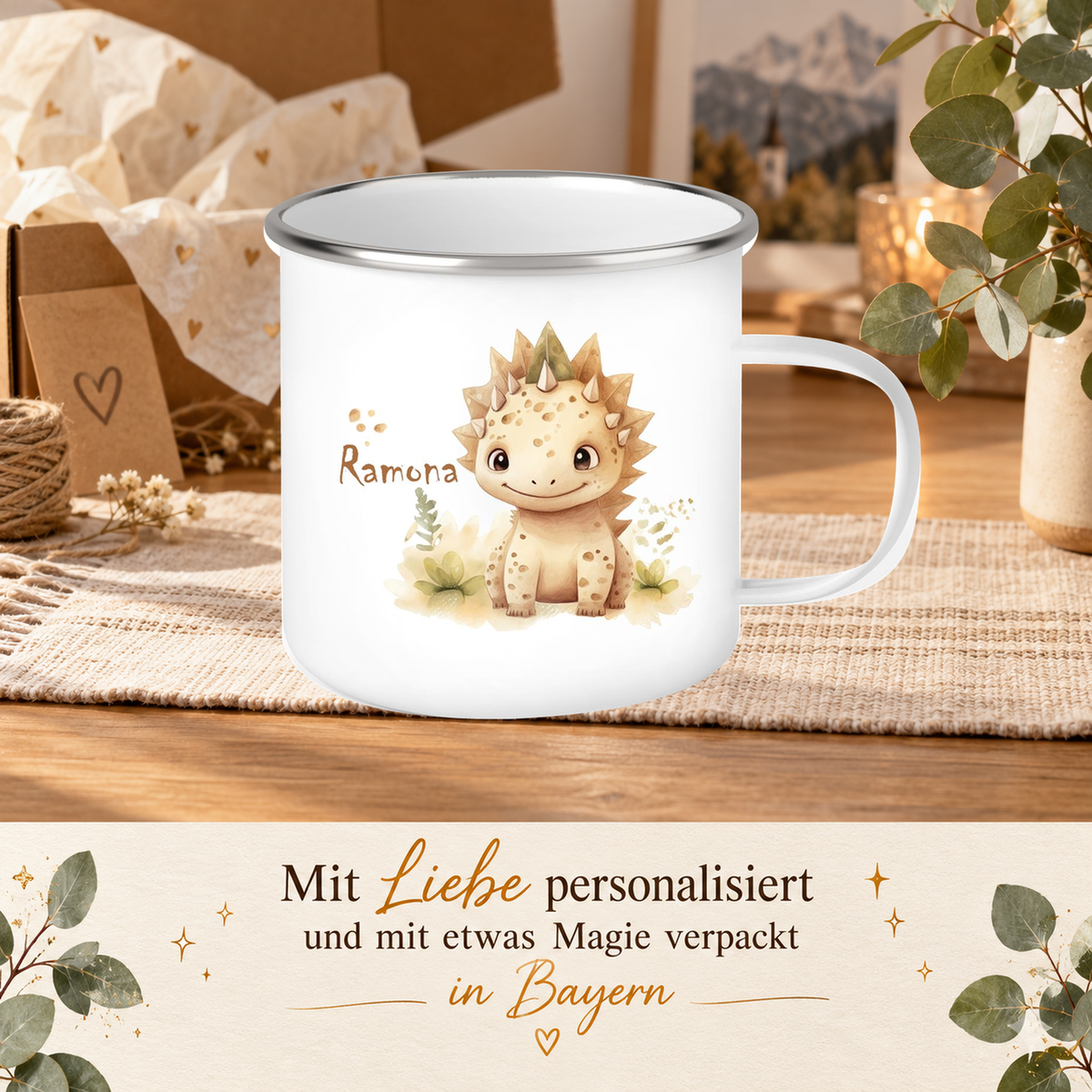 MUCKKI-PRO:1117c65710c1edc03d50ef9c5e06e4f0c8f335a992e5781ee88b66803cea1c15:Tasse Wunschname Dino 2 Emaille Kinderbecher