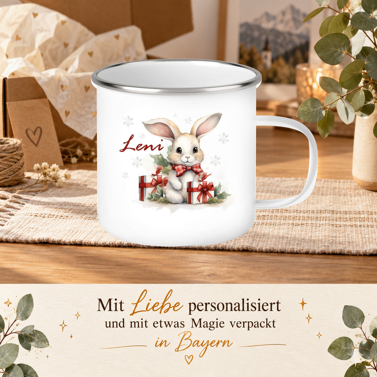 MUCKKI-PRO:c54aefdd7ab65dfa0bc0936ac59cea4acb98a74e65cdbcf947736d88dccc0b88:Tasse Wunschname Weihnachten Hase Sterne Emaille Kinderbecher