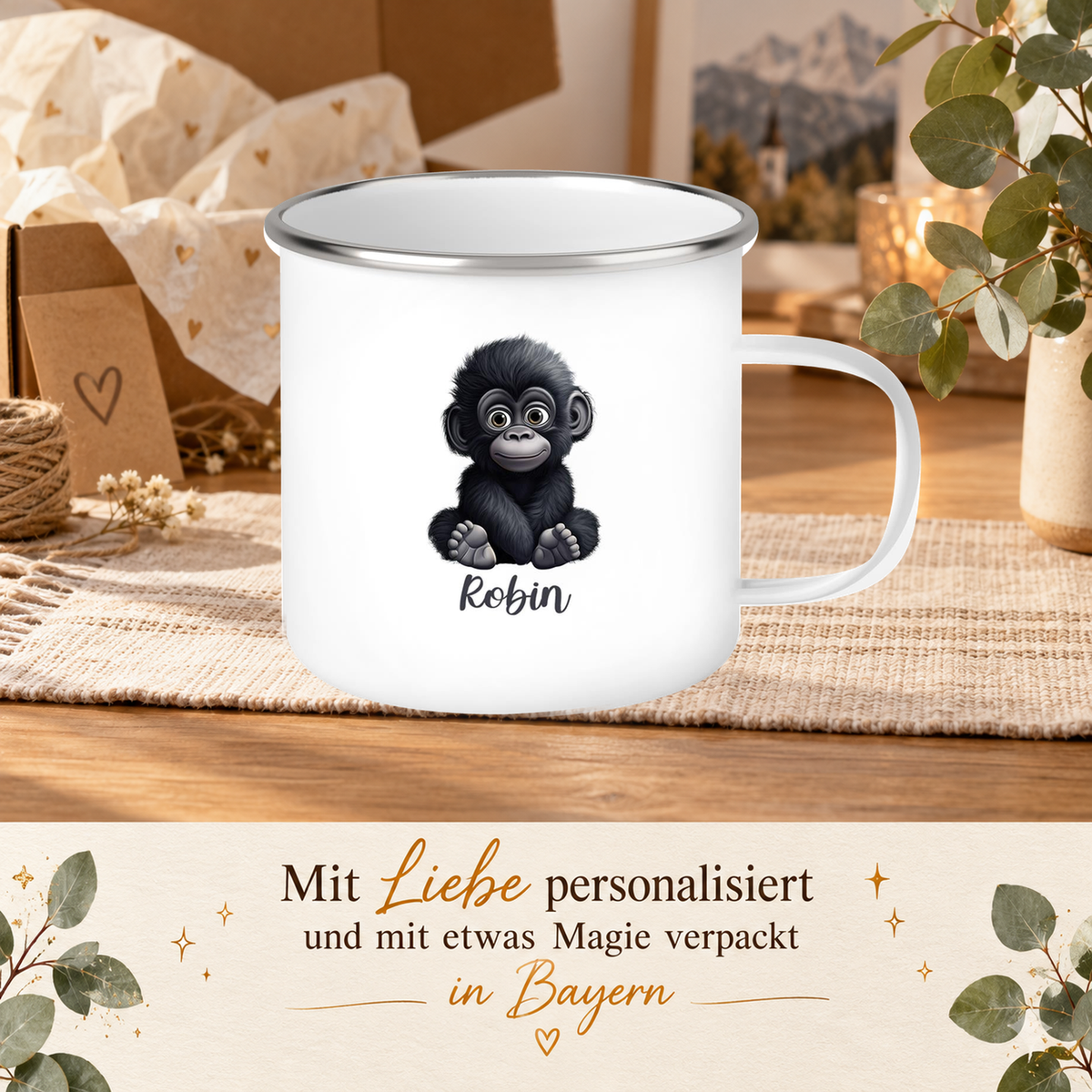 MUCKKI-PRO:fb30baba27bab9aa84ed07385d6983ea826aa7bb8ca7a18564df6c97ec3bb07d:Tasse Wunschname Gorilla 1 Emaille Kinderbecher