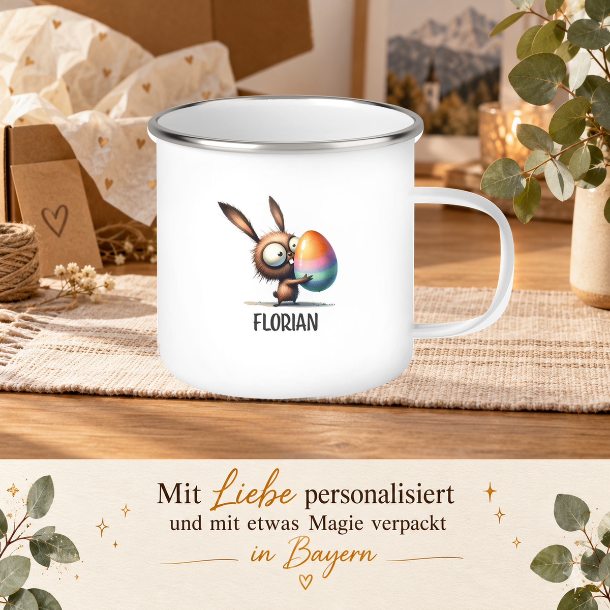 MUCKKI-PRO:aac096e9470971d6f6898ee08574d6079c4fc9d8fb48149ac5588e12009beb23:Tasse Ostern - Hase 6 Wunschnamen personalisiert Emaillie