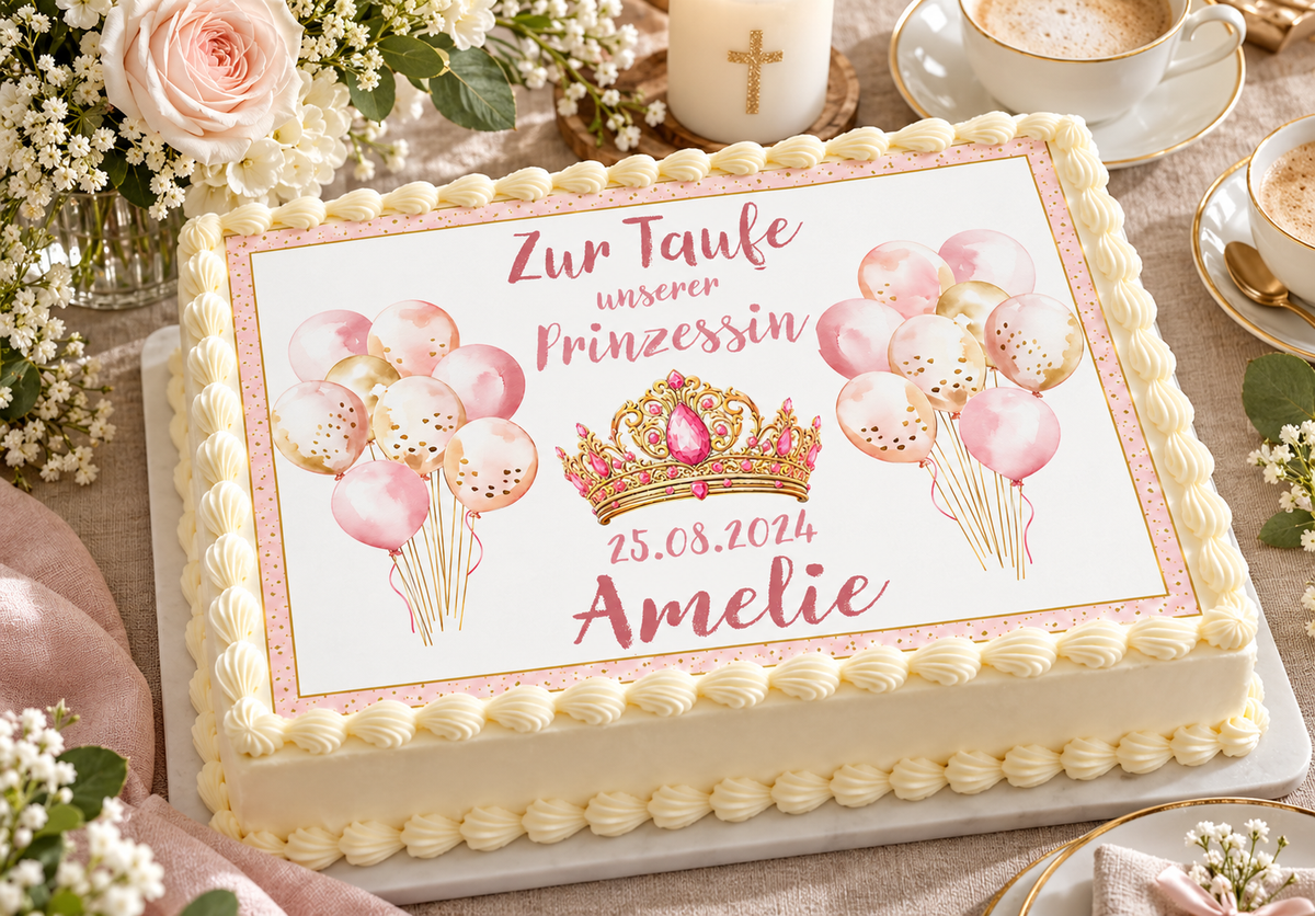 MUCKKI-PRO:e80e8fdfc5a272492b5e66139c1b20dd0535a6be290b6bc41959c75f7d27e021:Tortenaufleger Taufe Prinzessin 1 Name & Datum – Eckig (28 x 20cm)