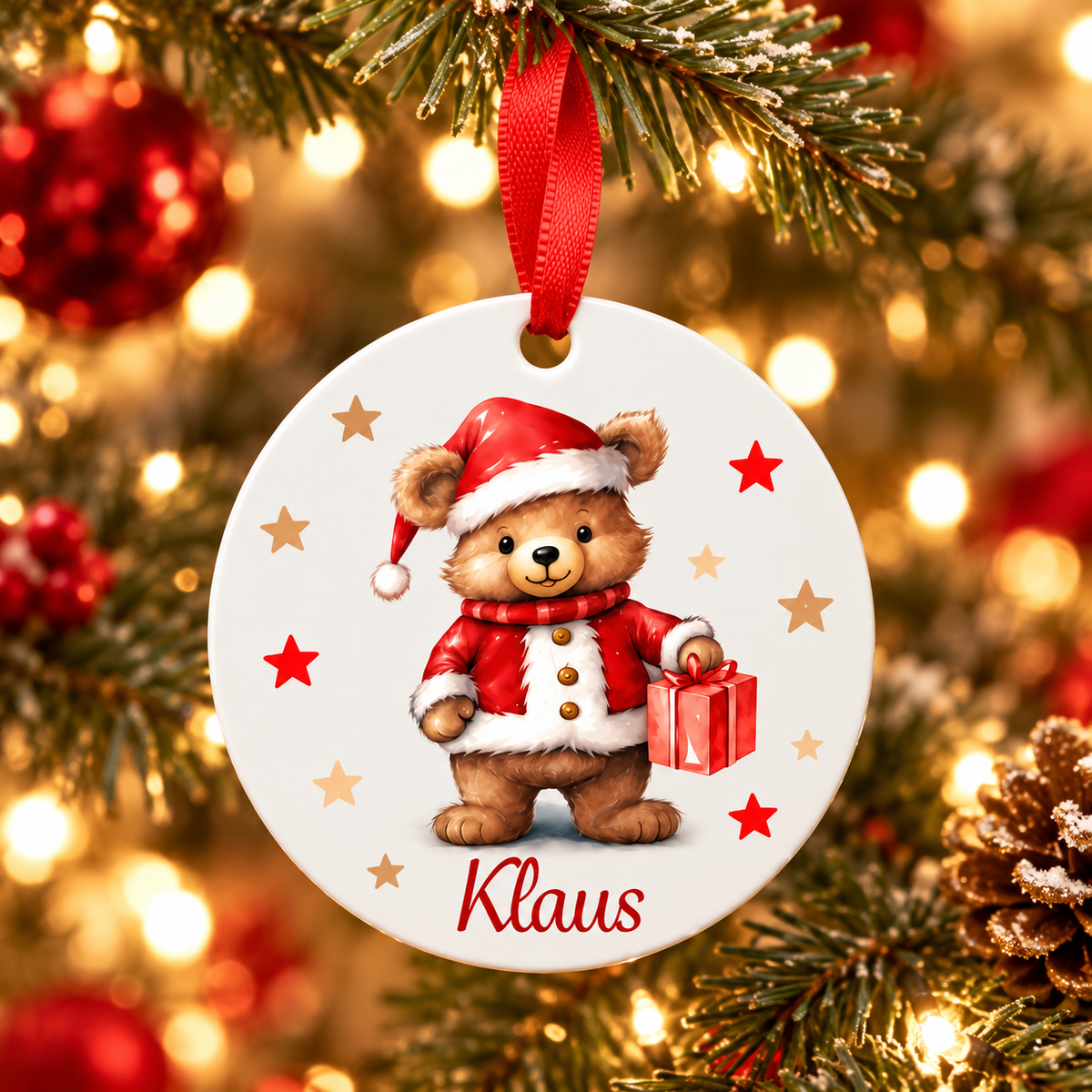 Weihnachtsanhänger personalisiert Teddy Sterne mit 1 Namen – Rund, Stern, Herz oder Glocke
