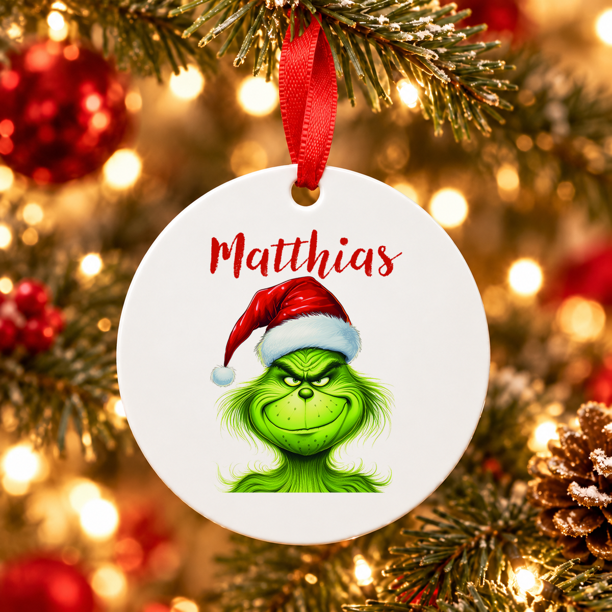 Weihnachtsanhänger personalisiert Grinch 3 mit Wunschnamen – Rund, Stern, Herz oder Glocke